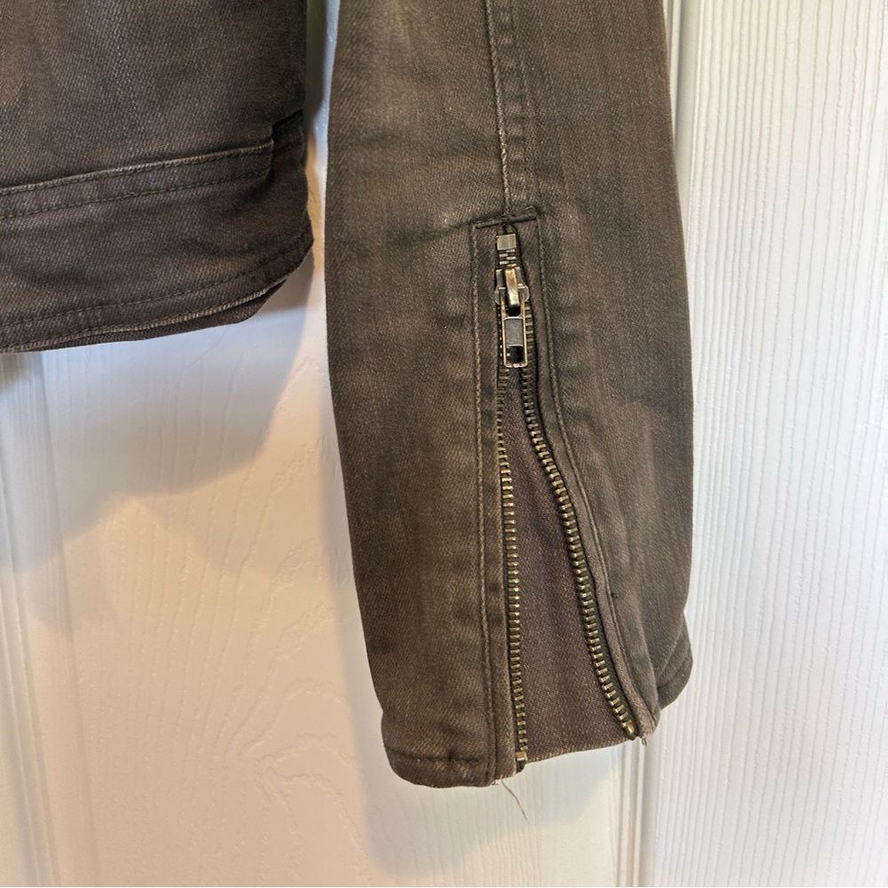 Free People Drape Front Coated Denim Moto Jacket | Olive/Green | Size 10 - Picture 9 of 14